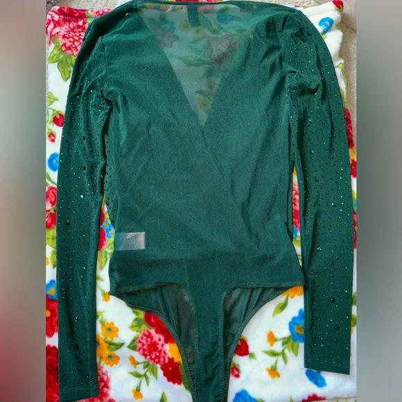 Windsor Green Bedazzled Long Sleeve Open Front Bodysuit - Picture 2 of 3